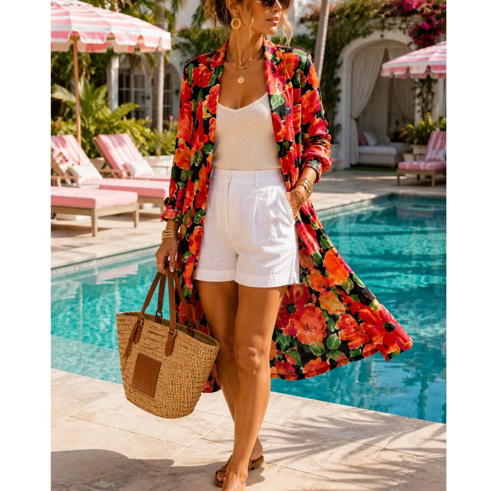 Vintage John's Girl Floral Duster Jacket Long Hostess Coat Open Front L XL